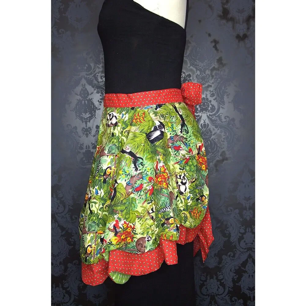 50s Pin Up Style Handmade Apron Red Polka Dot Jungle Theme Tie One Of A Kind